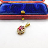 9ct Yellow Gold, Ruby & Diamond Floral Drop Pendant Vintage c1980