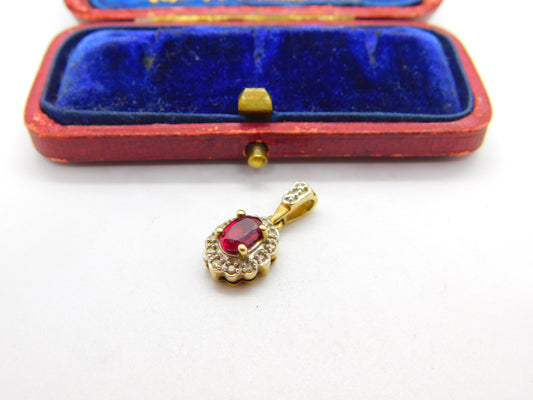 9ct Yellow Gold, Ruby & Diamond Floral Drop Pendant Vintage c1980