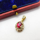 9ct Yellow Gold, Ruby & Diamond Floral Drop Pendant Vintage c1980