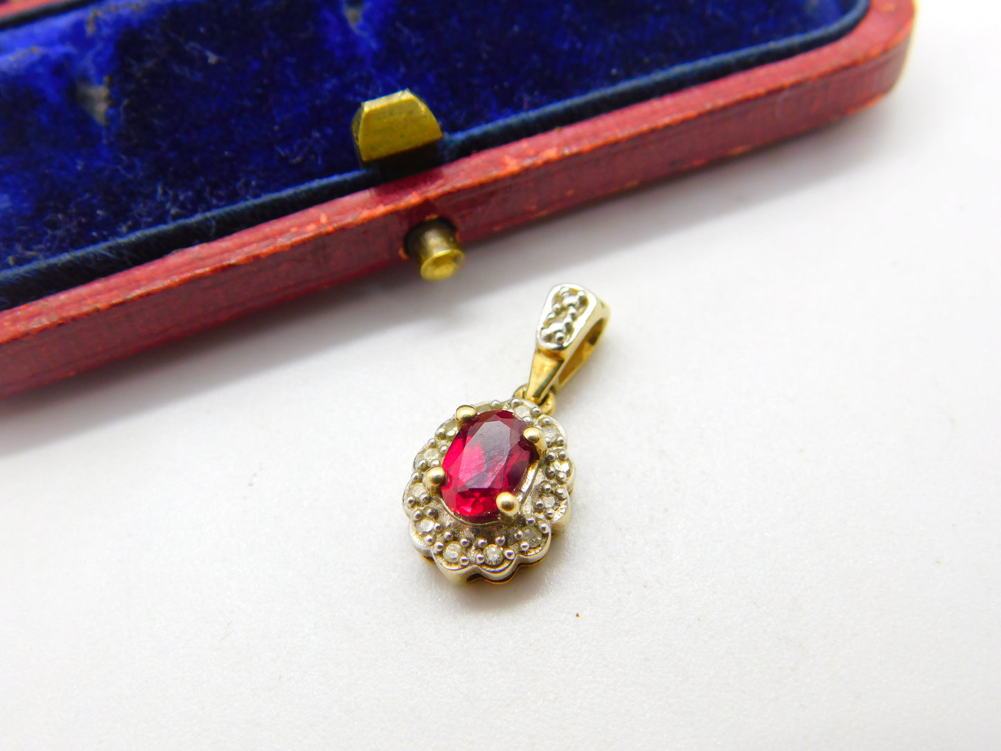 9ct Yellow Gold, Ruby & Diamond Floral Drop Pendant Vintage c1980