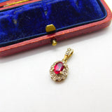 9ct Yellow Gold, Ruby & Diamond Floral Drop Pendant Vintage c1980