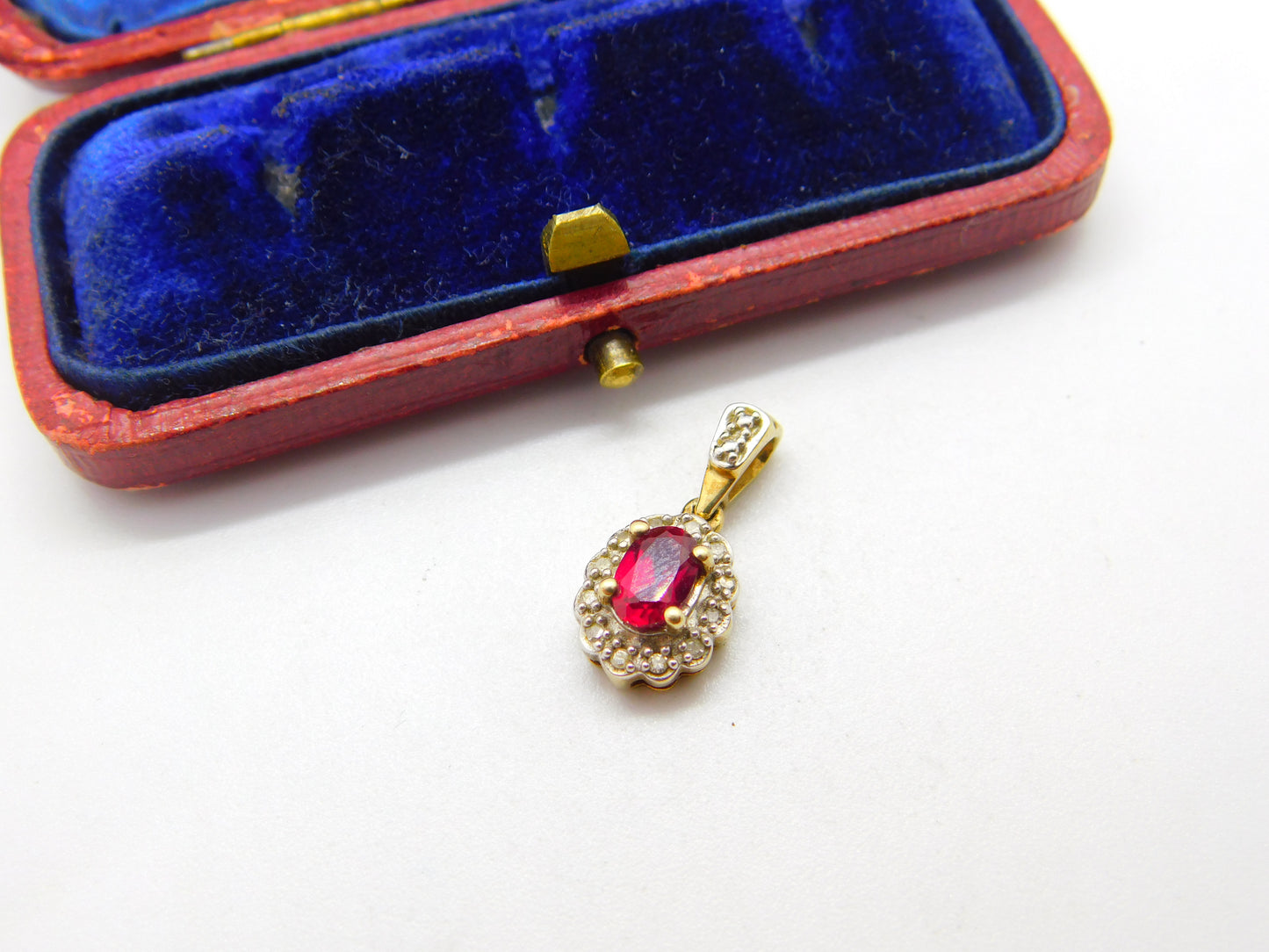 9ct Yellow Gold, Ruby & Diamond Floral Drop Pendant Vintage c1980