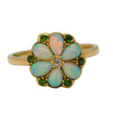 Victorian 18ct Gold, Opal, Emerald & Diamond Floral Cluster Ring Antique c1850s