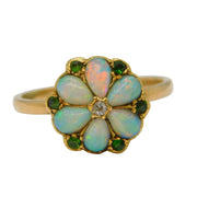 Victorian 18ct Gold, Opal, Emerald & Diamond Floral Cluster Ring Antique c1850s