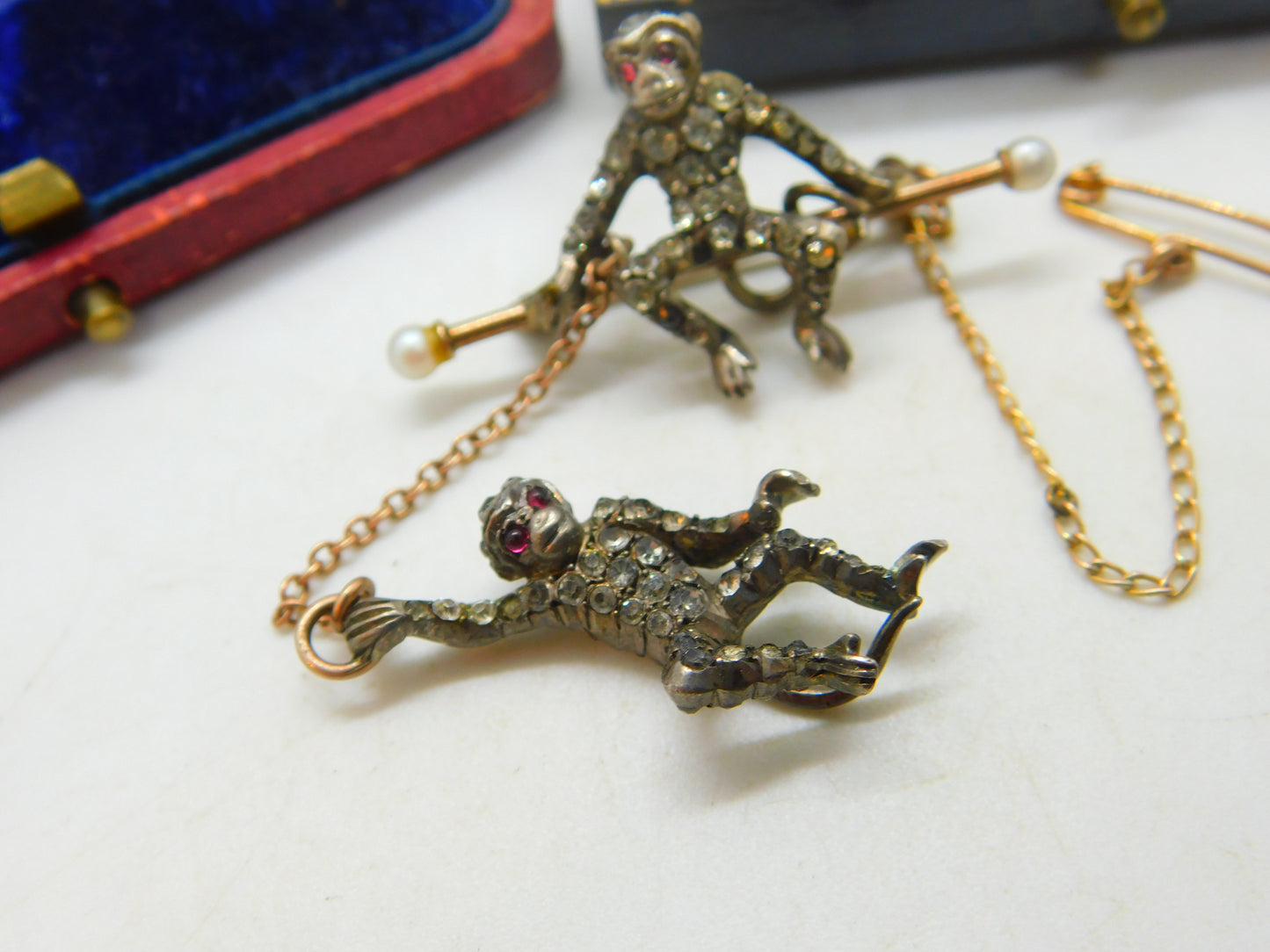 Dangling Monkey Brooch Pin Sterling Silver 9ct Gold Paste Antique Edwardian c1910