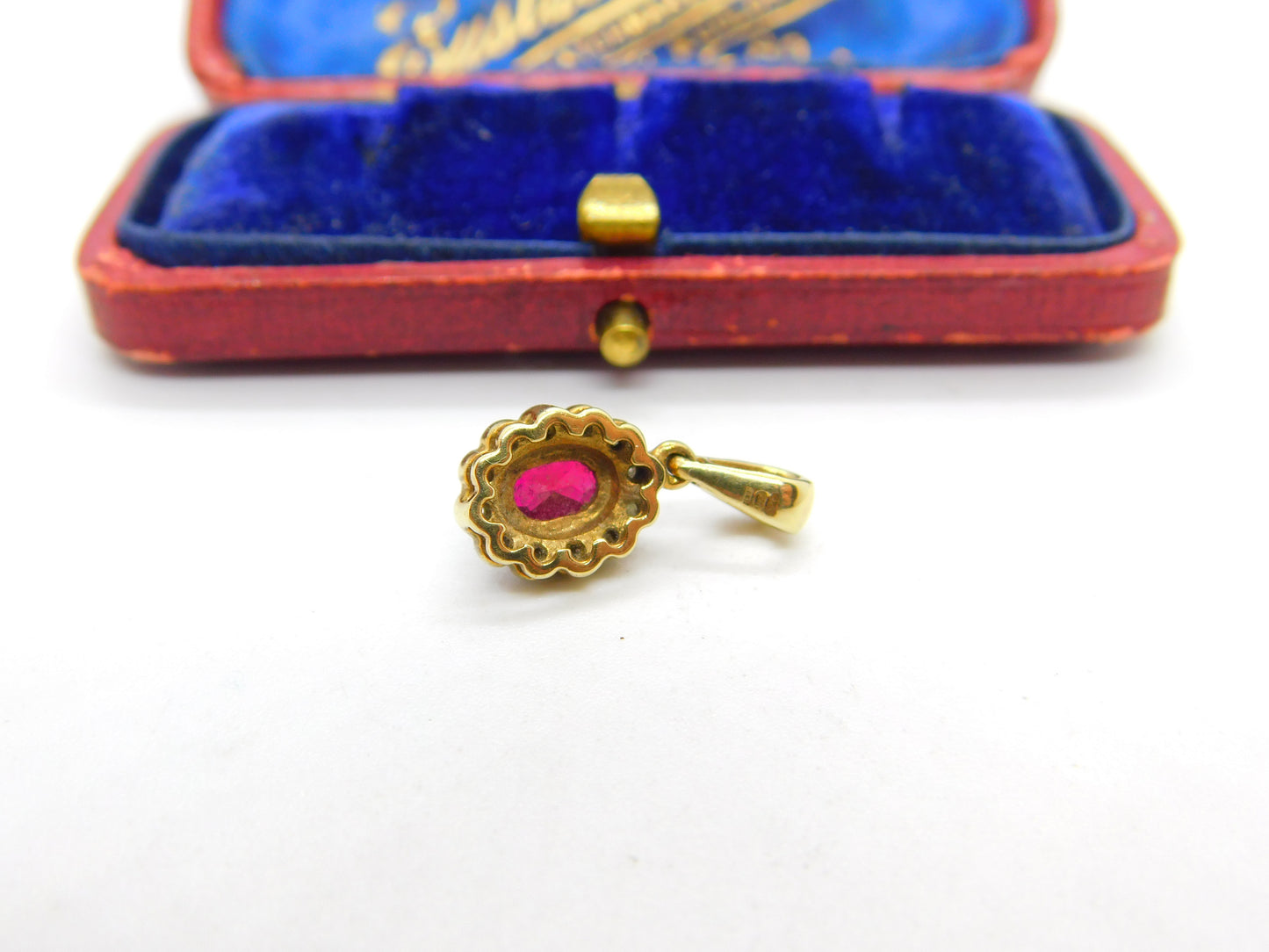 9ct Yellow Gold, Ruby & Diamond Floral Drop Pendant Vintage c1980