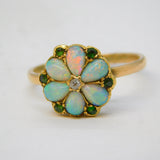 Victorian 18ct Gold, Opal, Emerald & Diamond Floral Cluster Ring Antique c1850s