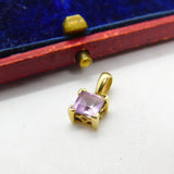 9ct Yellow Gold & Square Cut Amethyst Drop Pendant Vintage c1980
