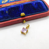 9ct Yellow Gold & Square Cut Amethyst Drop Pendant Vintage c1980