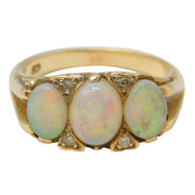 Victorian 9ct Yellow Gold, White Opal & Diamond Boat Ring Antique c1890s