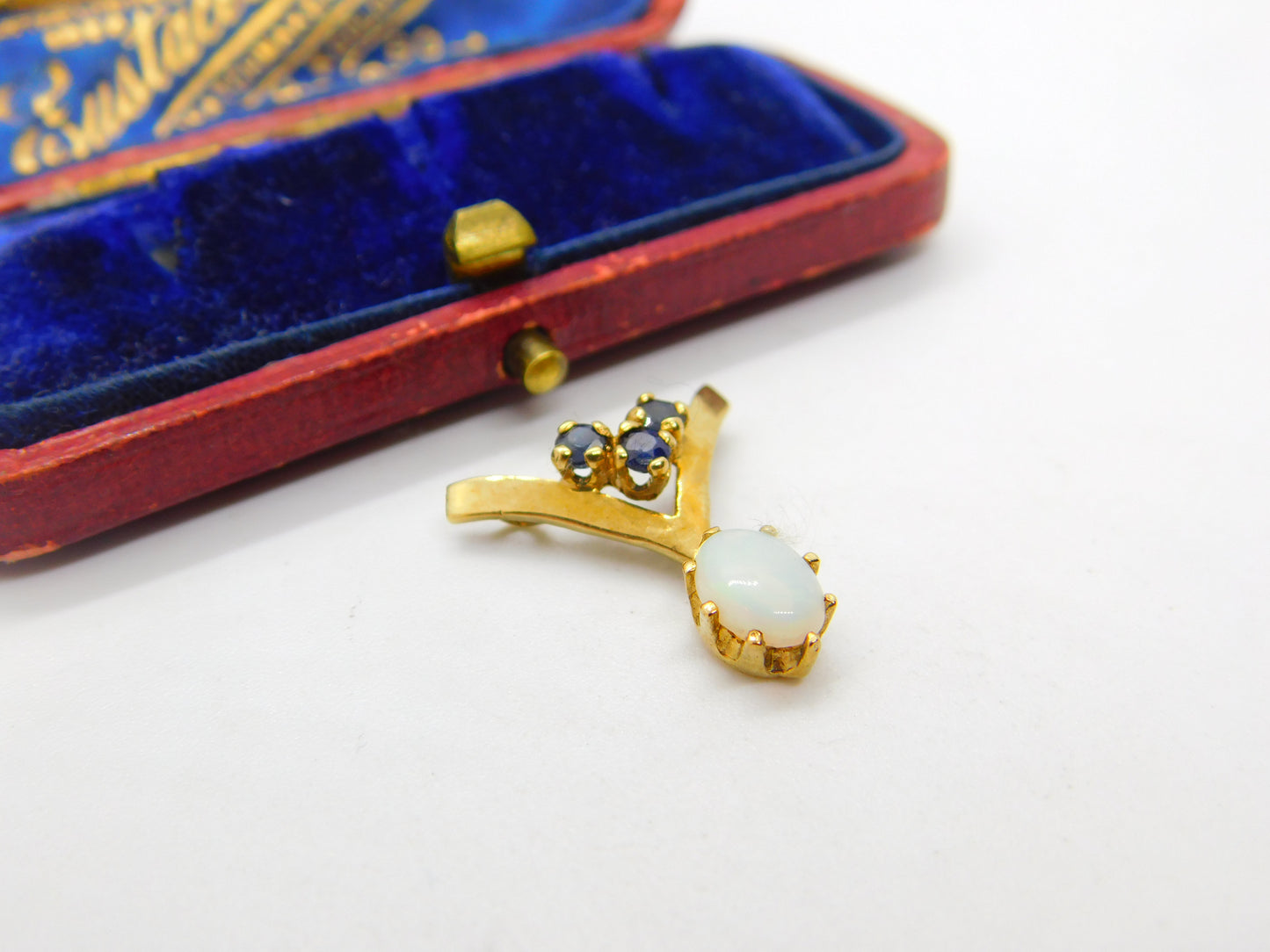 9ct Yellow Gold, Sapphire & Cabochon Fire Opal Pendant Vintage 1979 London