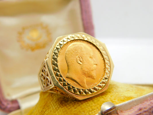 Edward VII 1902 Half Sovereign 9ct Gold Mounted Signet Ring Vintage c1970