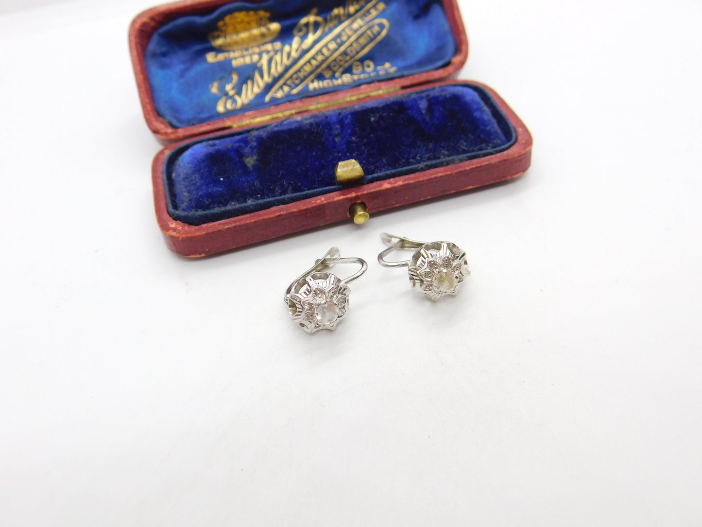 Pair of 18ct White Gold & White Spinel Set Solitaire Earrings Vintage c1980