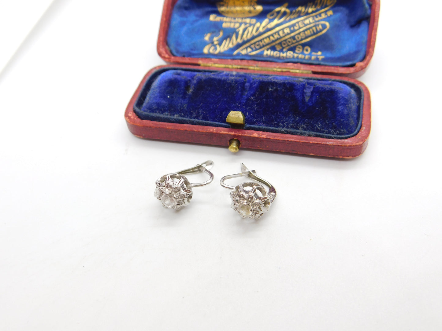 Pair of 18ct White Gold & White Spinel Set Solitaire Earrings Vintage c1980