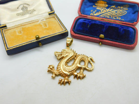 9ct Yellow Gold Large Oriental Dragon Statement Pendant Modern 2004 Birmingham