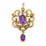 9ct Yellow Gold, Amethyst & Seed Pearl Lavalier Drop Pendant Vintage London