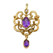 9ct Yellow Gold, Amethyst & Seed Pearl Lavalier Drop Pendant Vintage London