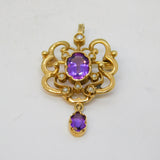 9ct Yellow Gold, Amethyst & Seed Pearl Lavalier Drop Pendant Vintage London