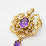 9ct Yellow Gold, Amethyst & Seed Pearl Lavalier Drop Pendant Vintage London