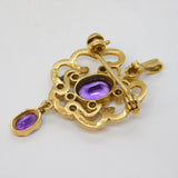 9ct Yellow Gold, Amethyst & Seed Pearl Lavalier Drop Pendant Vintage London