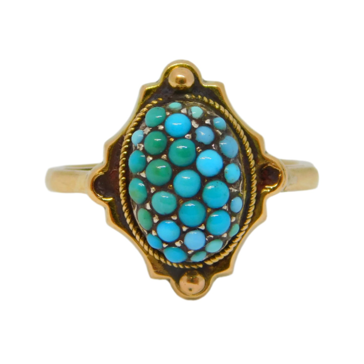Victorian 9ct Yellow Gold Pave Set Turquoise Dress Ring Antique c1890