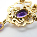 9ct Yellow Gold, Amethyst & Seed Pearl Lavalier Drop Pendant Vintage London