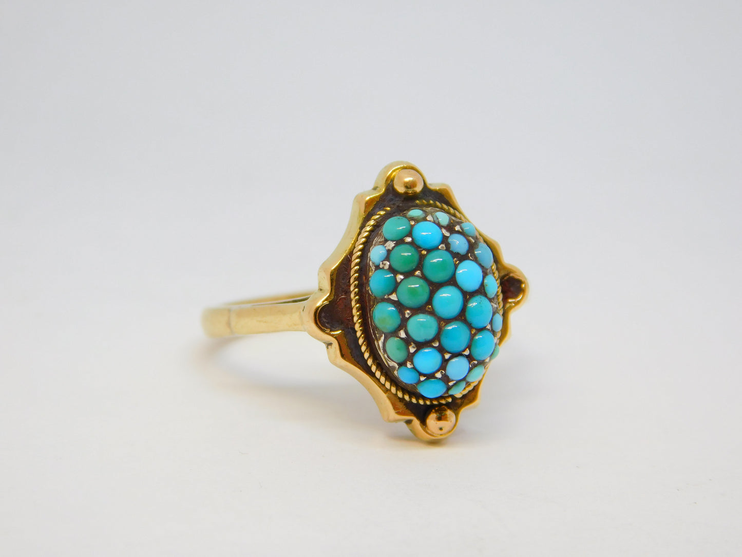 Victorian 9ct Yellow Gold Pave Set Turquoise Dress Ring Antique c1890