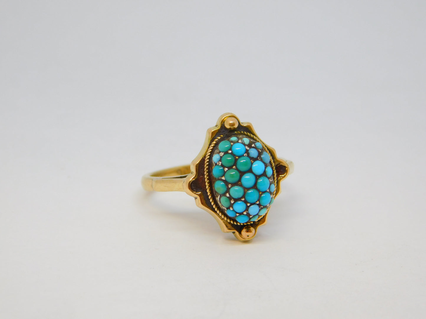 Victorian 9ct Yellow Gold Pave Set Turquoise Dress Ring Antique c1890