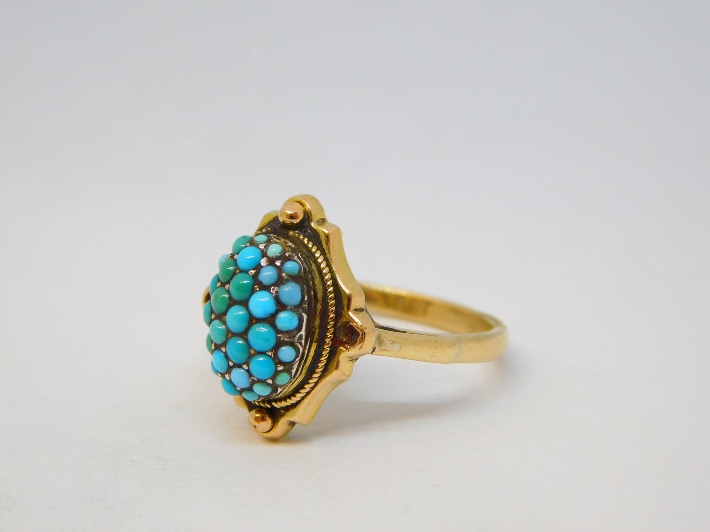 Victorian 9ct Yellow Gold Pave Set Turquoise Dress Ring Antique c1890