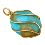 9ct Yellow Gold Wirework Natural Turquoise Drop Pendant Antique Art Deco