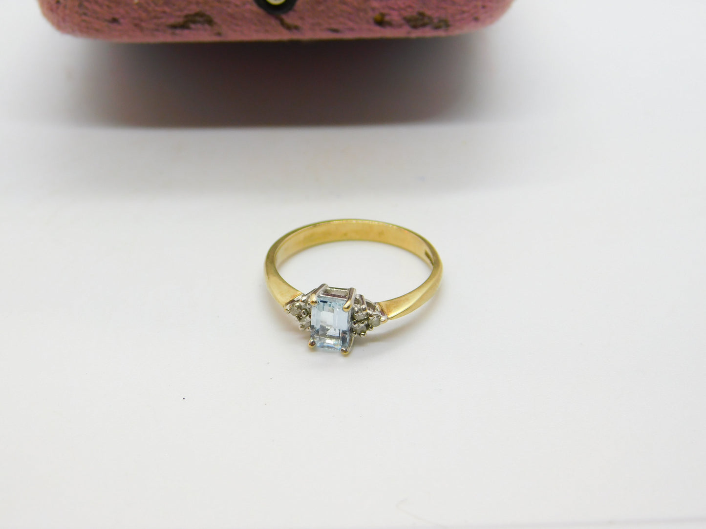 9ct Yellow Gold Baguette Cut Aquamarine & Diamond Dress Ring c1980 Birmingham