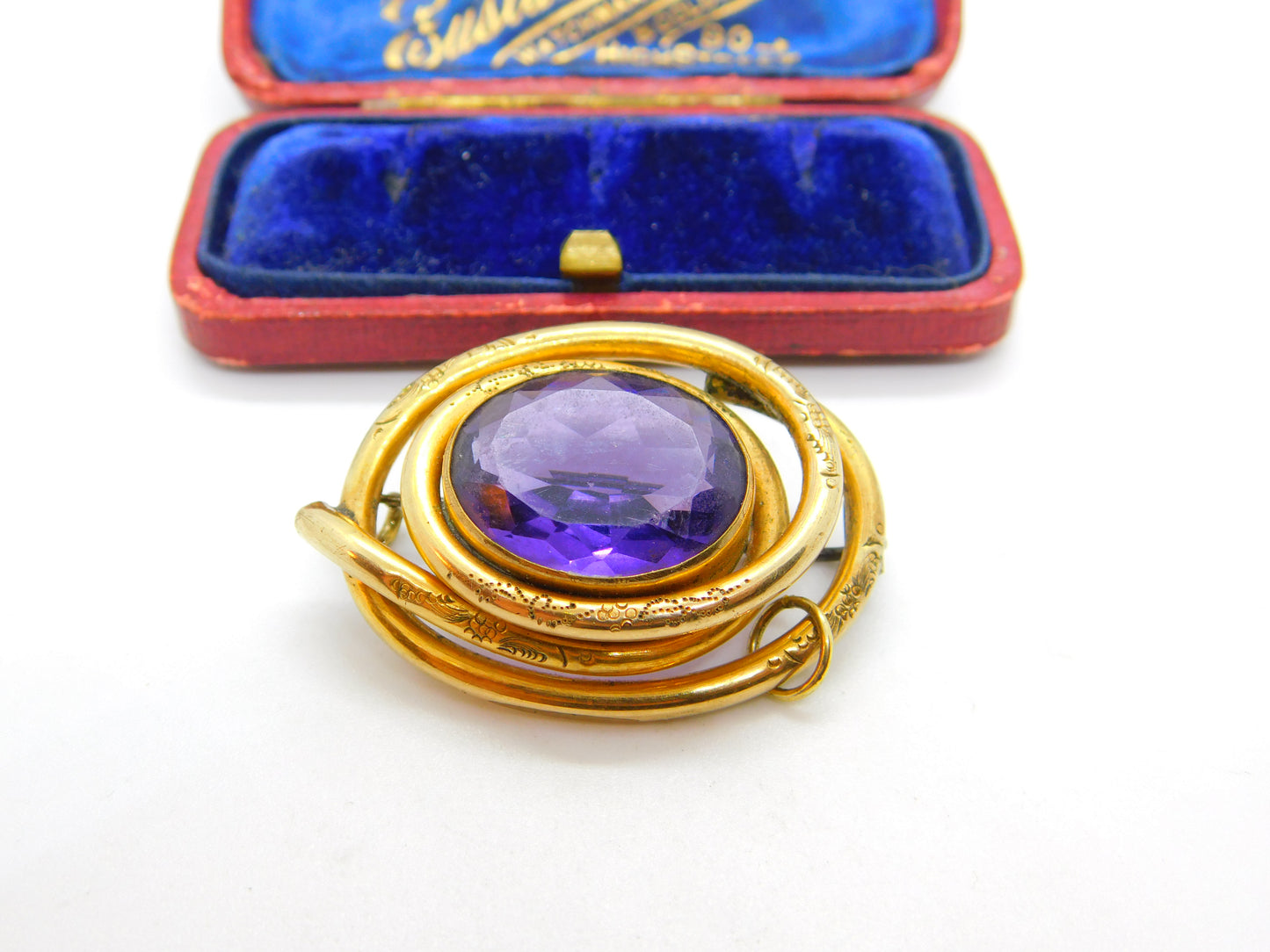 Victorian Pinchbeck Gold & Faceted Amethyst Swirl Brooch Antique c1860