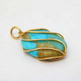 9ct Yellow Gold Wirework Natural Turquoise Drop Pendant Antique Art Deco