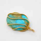 9ct Yellow Gold Wirework Natural Turquoise Drop Pendant Antique Art Deco