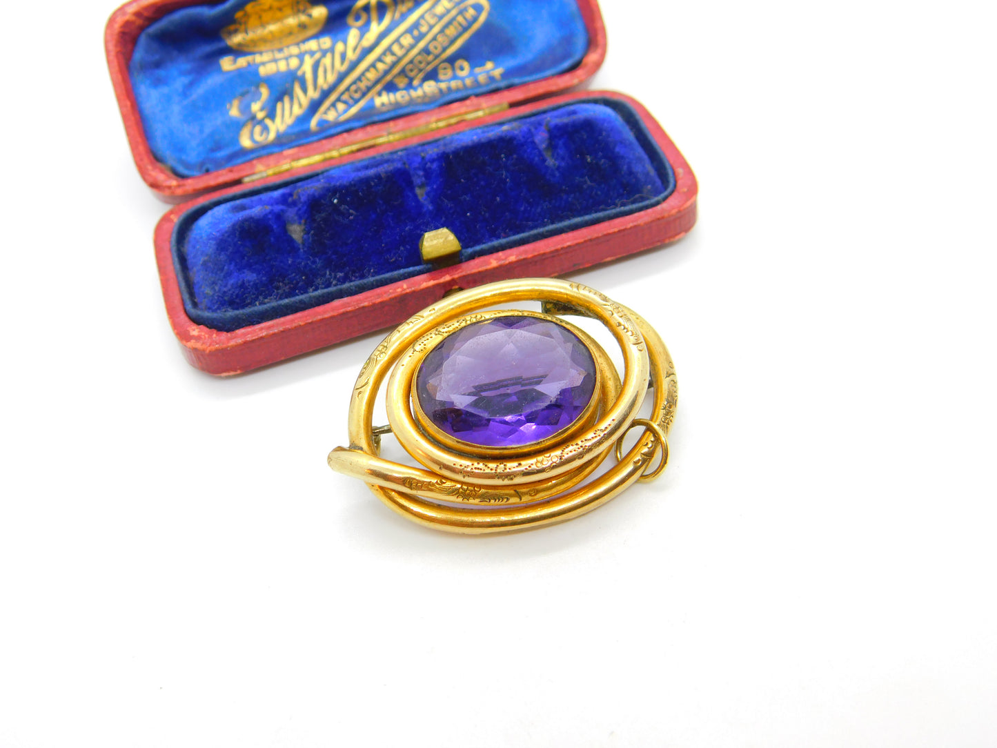 Victorian Pinchbeck Gold & Faceted Amethyst Swirl Brooch Antique c1860