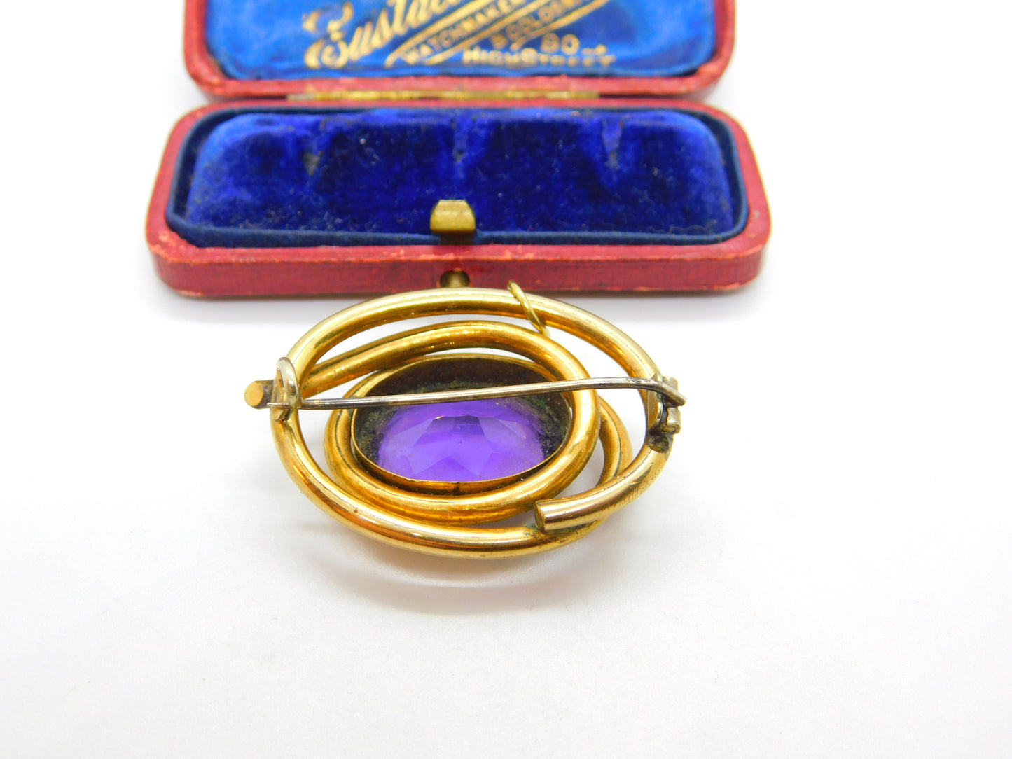 Victorian Pinchbeck Gold & Faceted Amethyst Swirl Brooch Antique c1860