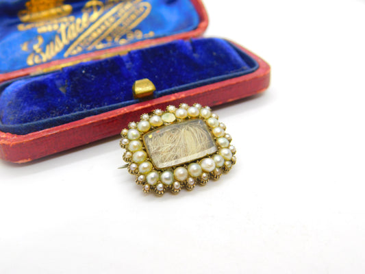 Victorian 9ct Gold, Seed Pearl & Hair Mourning Brooch Antique c1850