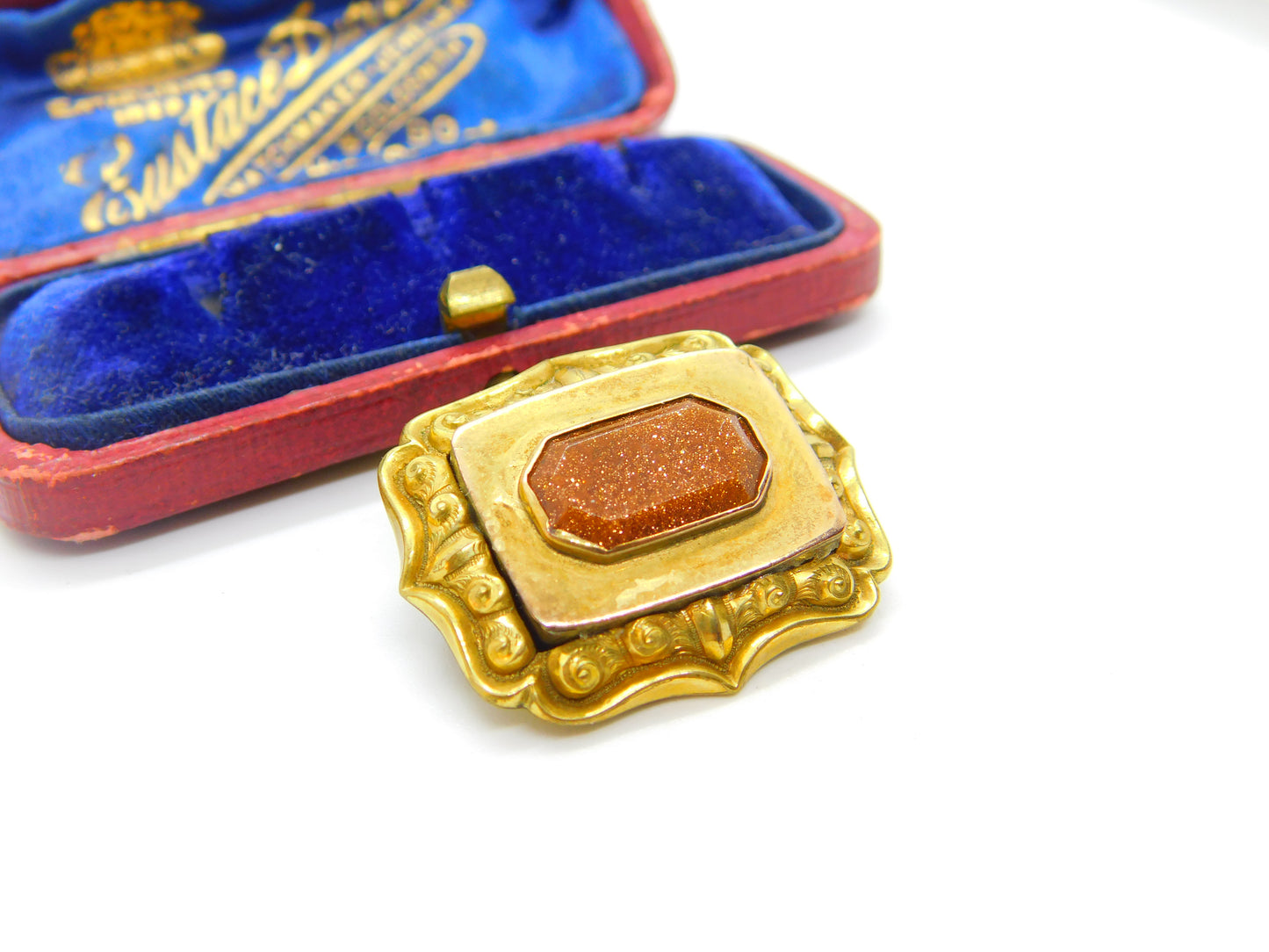 Victorian Pinchbeck Gold & Goldstone Panel Sweetheart Brooch Antique c1860