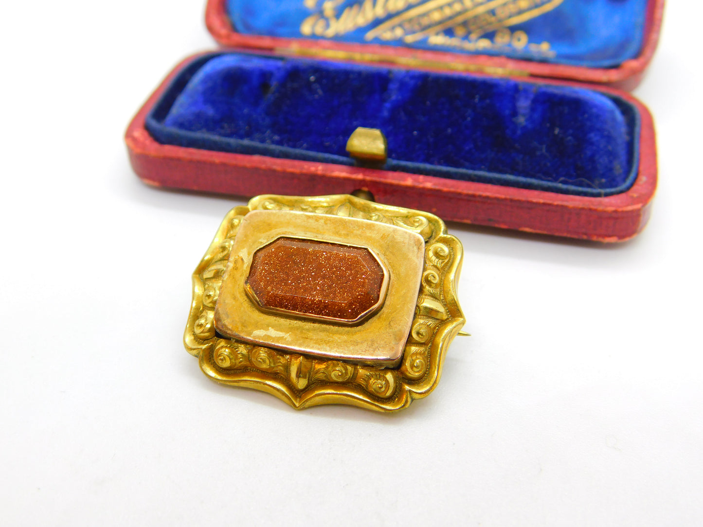 Victorian Pinchbeck Gold & Goldstone Panel Sweetheart Brooch Antique c1860