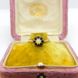 9ct Yellow Gold, Sapphire & Opal Floral Cluster Ring Vintage 1980 Birmingham