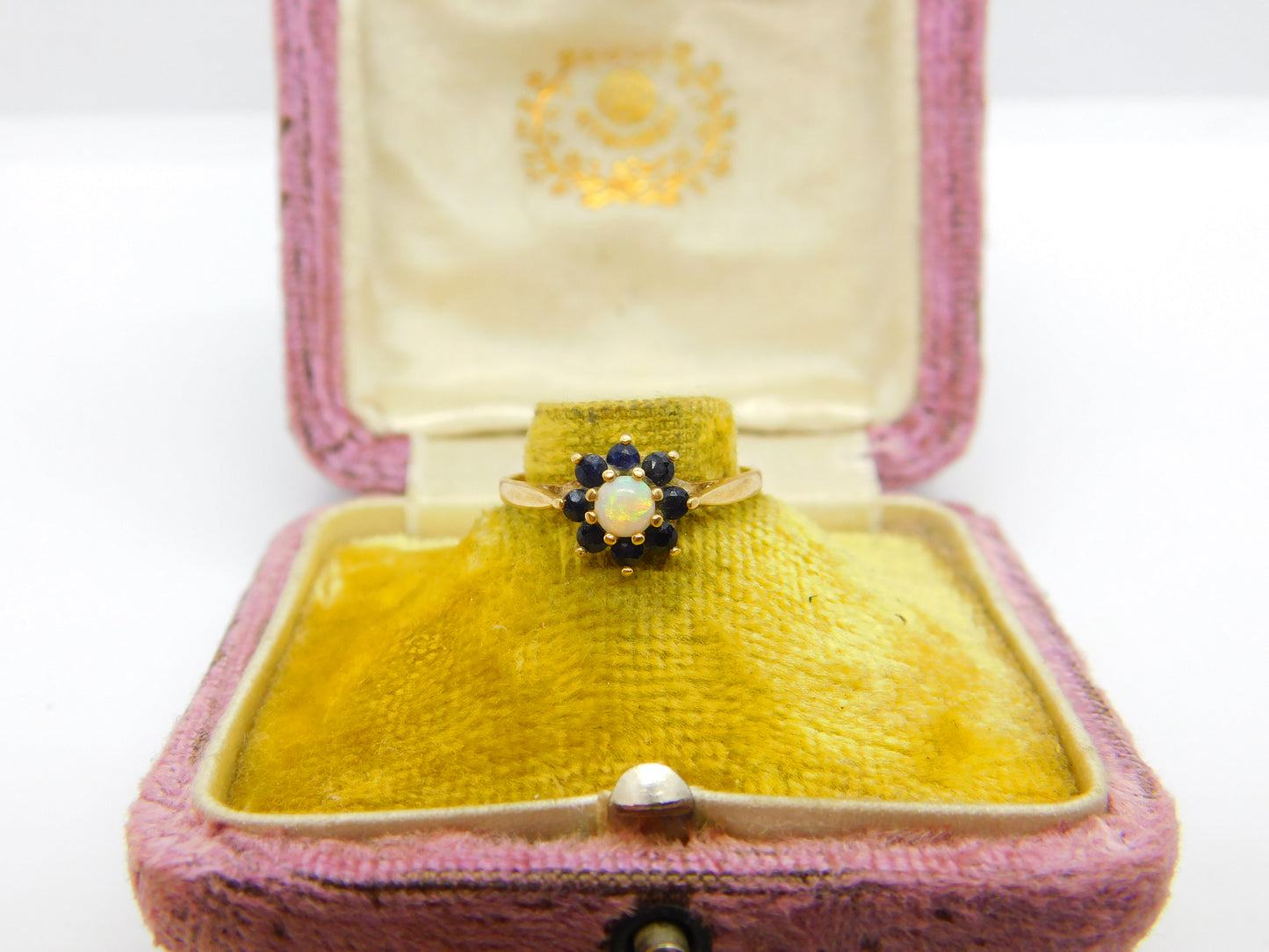 9ct Yellow Gold, Sapphire & Opal Floral Cluster Ring Vintage 1980 Birmingham