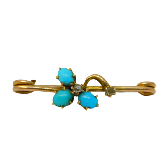 Victorian 15ct Gold, Turquoise & Old Cut Diamond Shamrock Brooch Antique c1880