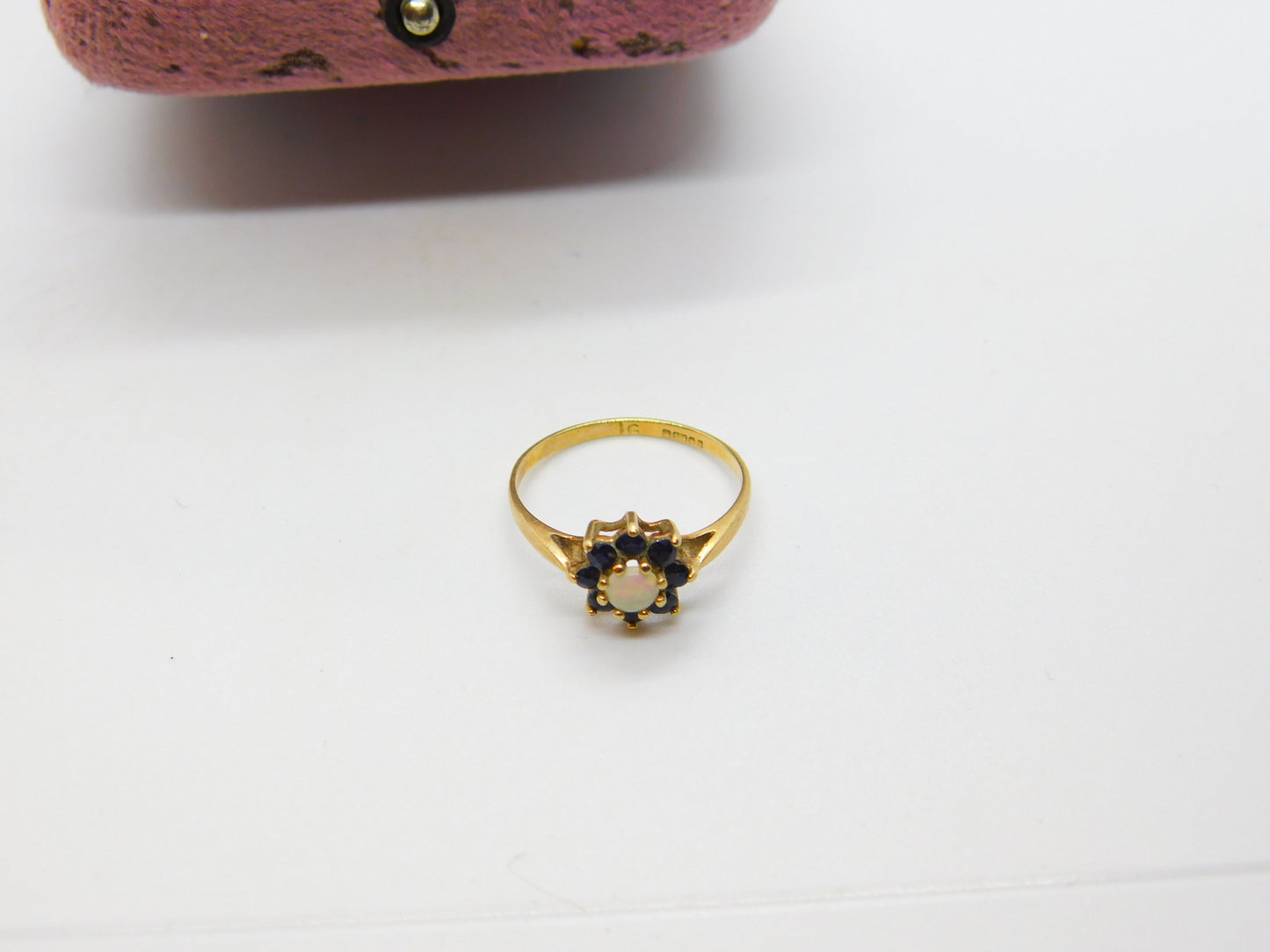 9ct Yellow Gold, Sapphire & Opal Floral Cluster Ring Vintage 1980 Birmingham