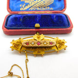 Edwardian 9ct Gold, Garnet & Seed Pearl Sweetheart Brooch Antique 1905