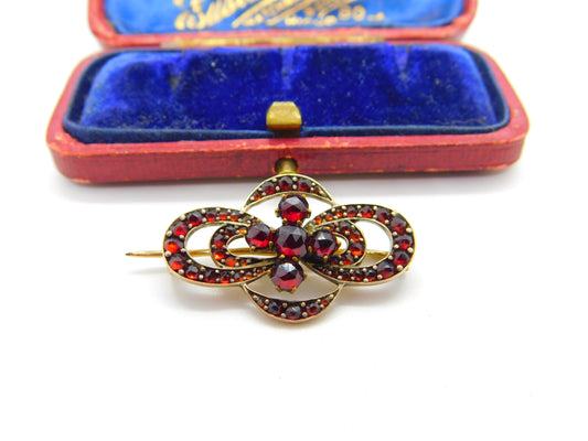 Austro-Hungarian Victorian 9ct Gold & Bohemian Garnet Floral Brooch Antique