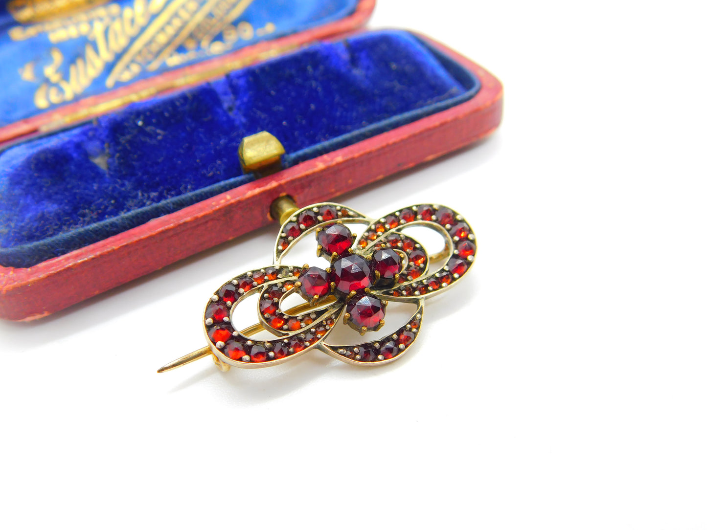 Austro-Hungarian Victorian 9ct Gold & Bohemian Garnet Floral Brooch Antique