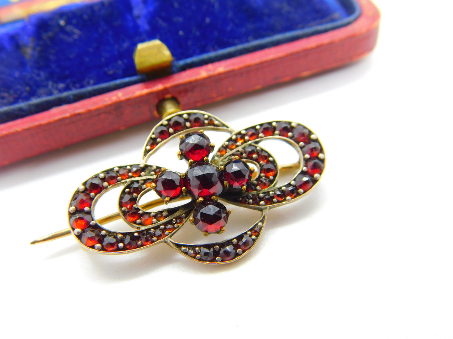 Austro-Hungarian Victorian 9ct Gold & Bohemian Garnet Floral Brooch Antique