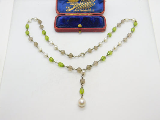 Sterling Silver, Pearl, Citrine & Peridot Drop Necklace Antique c1920 Art Deco