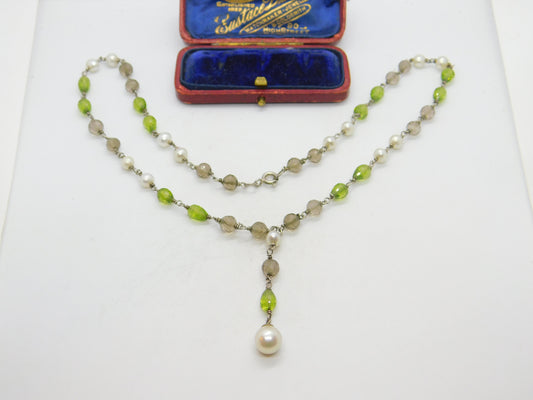 Sterling Silver, Pearl, Citrine & Peridot Drop Necklace Antique c1920 Art Deco