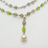 Sterling Silver, Pearl, Citrine & Peridot Drop Necklace Antique c1920 Art Deco